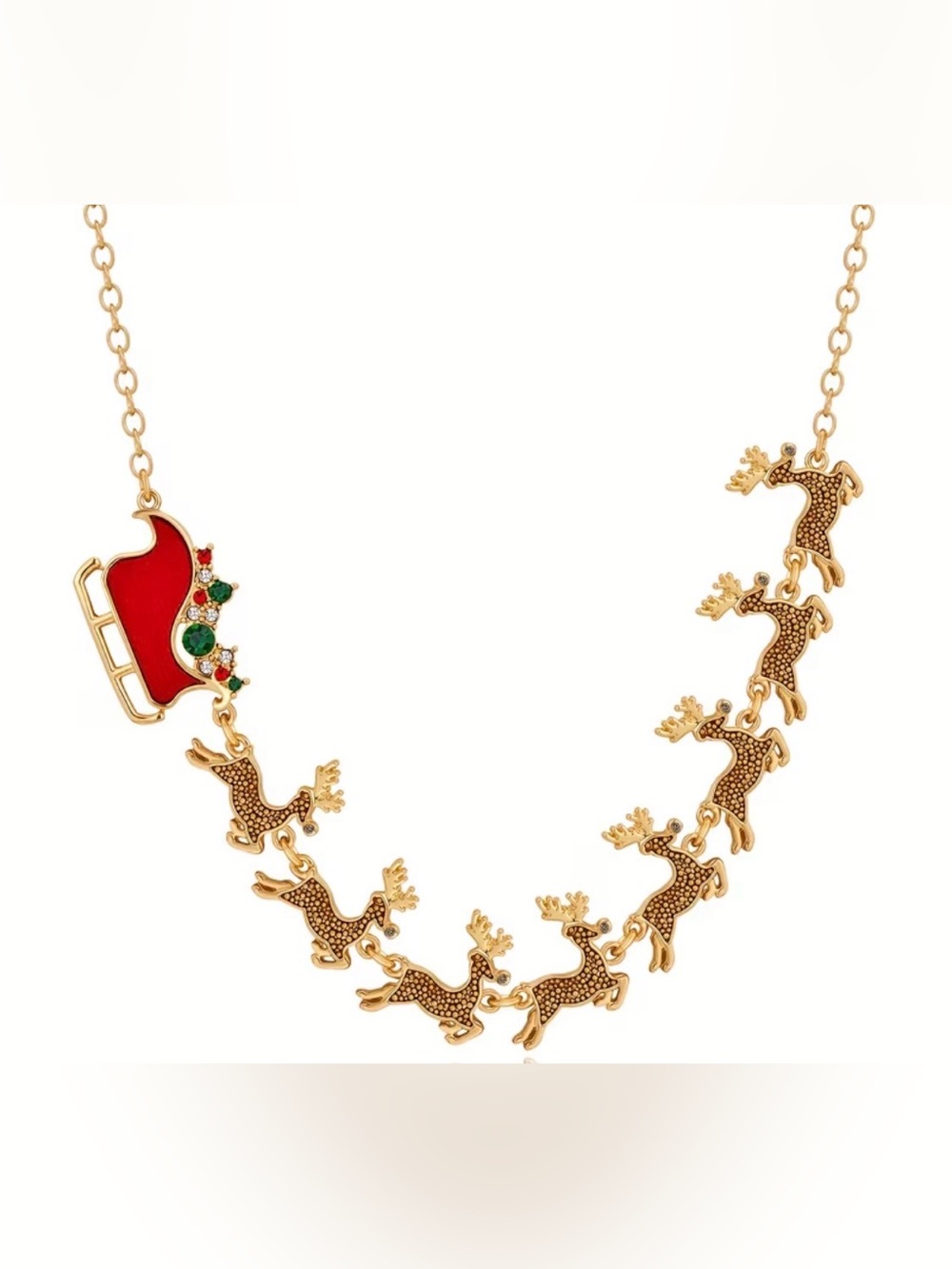 🦌🦌🦌BOGOHO🦌🦌🦌Gold-Tone Reindeer Holiday Necklace with Red and Green Accents